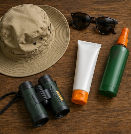 Essential Kenya safari accessories including wide-brim hat sunglasses insect repellent and binoculars